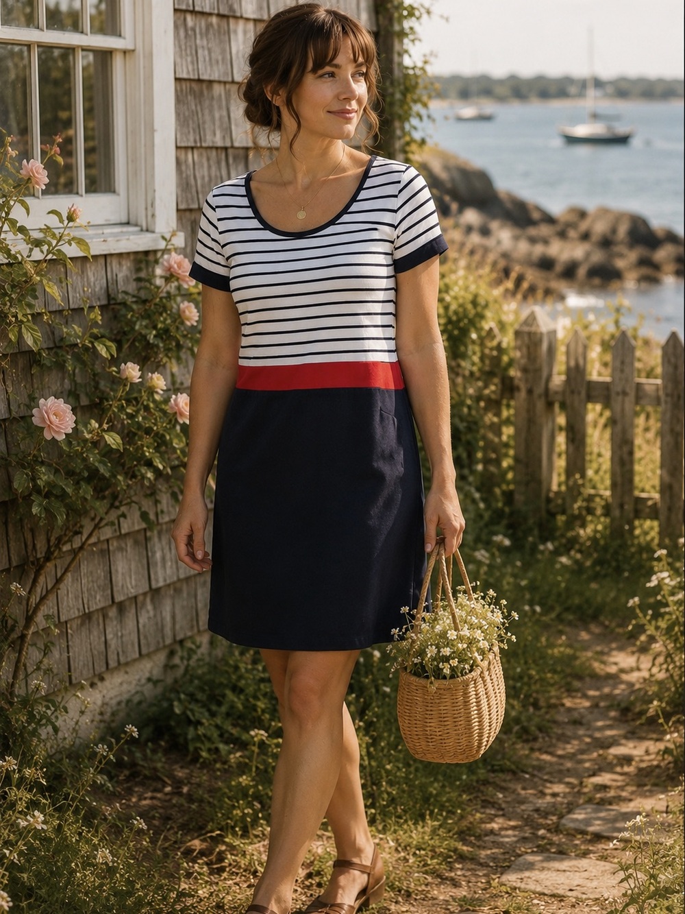 MARBELLA Striped Nautical Dress Coastal Grandma Resort Wear Vacation Sized M/L
